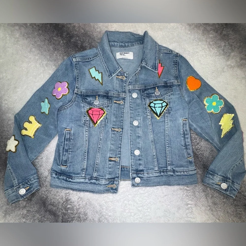 (B4) Old Navy Girls Custom Patch Denim‎ Jacket Size M 8 Blue Jean Trucker Boho